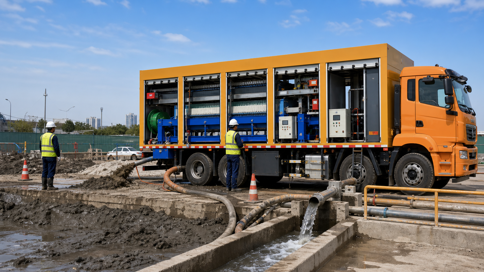 Mobile sludge treatment and dewatering scene