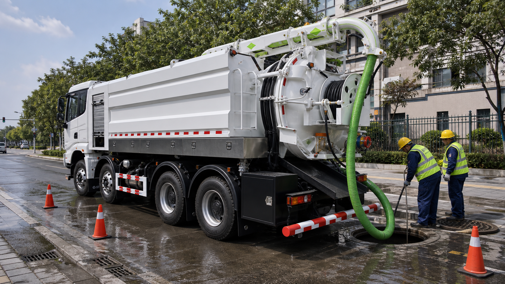 Municipal sewer cleaning work scene