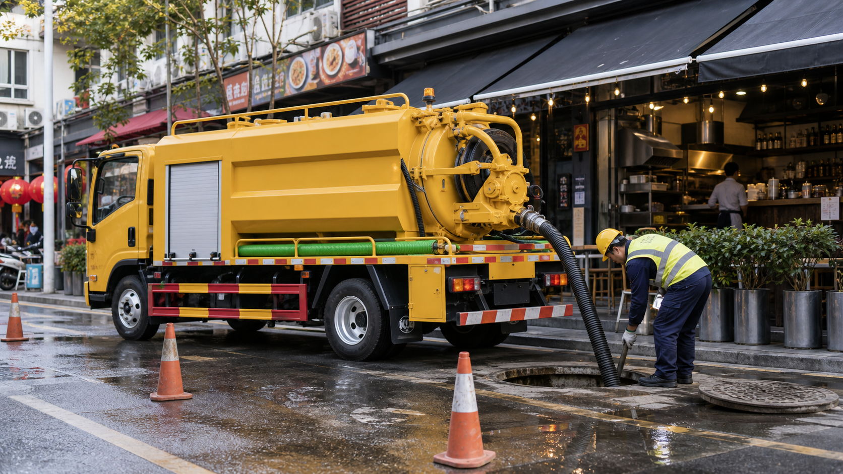 Urban drain and commercial cleaning scene