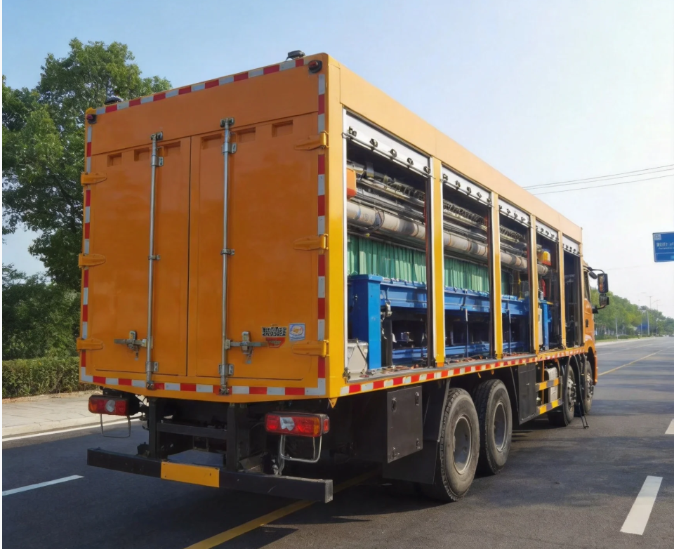 Mobile sludge treatment truck rear equipment view